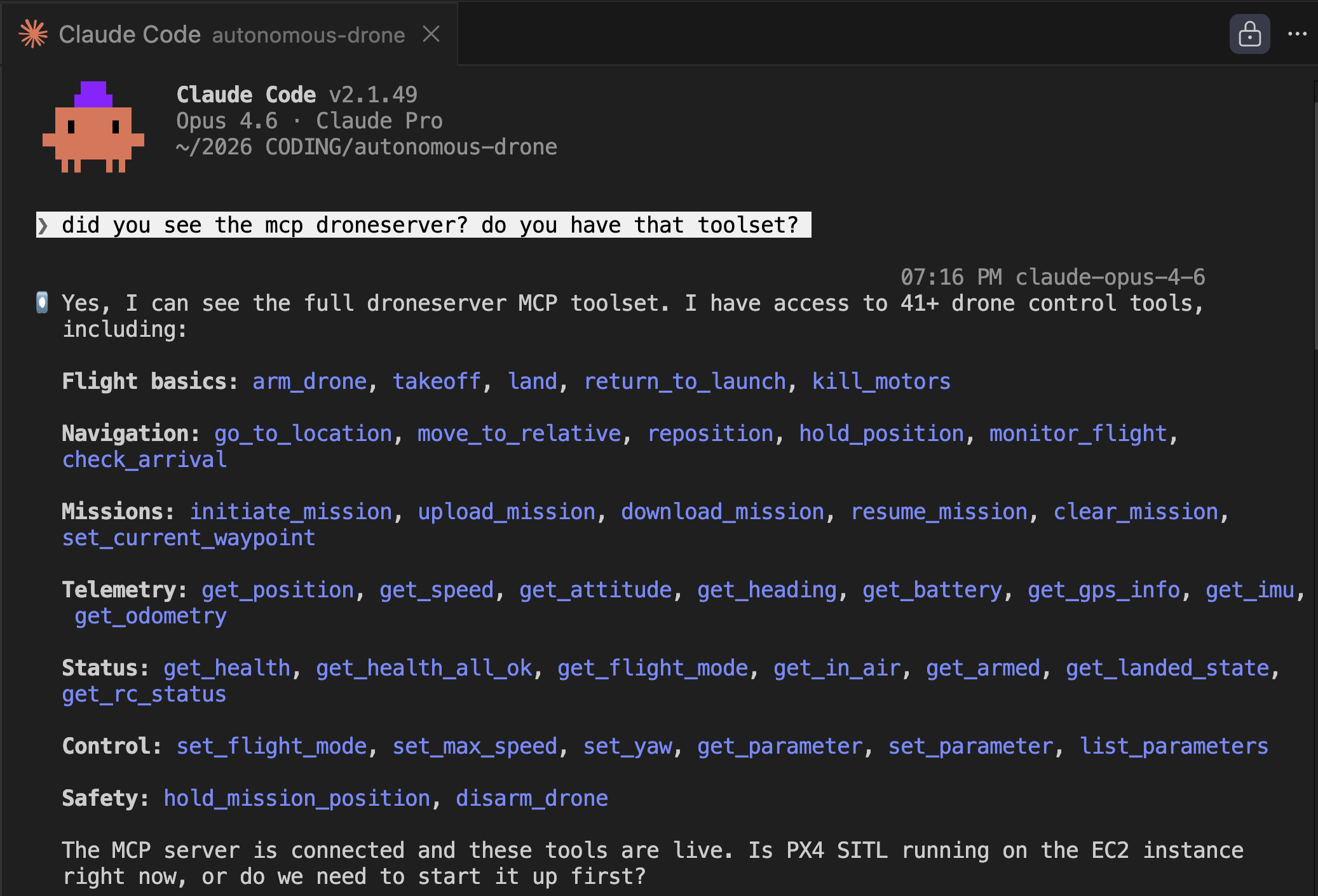 Claude Code discovering 41+ MCP drone control tools — flight, navigation, missions, telemetry, and safety