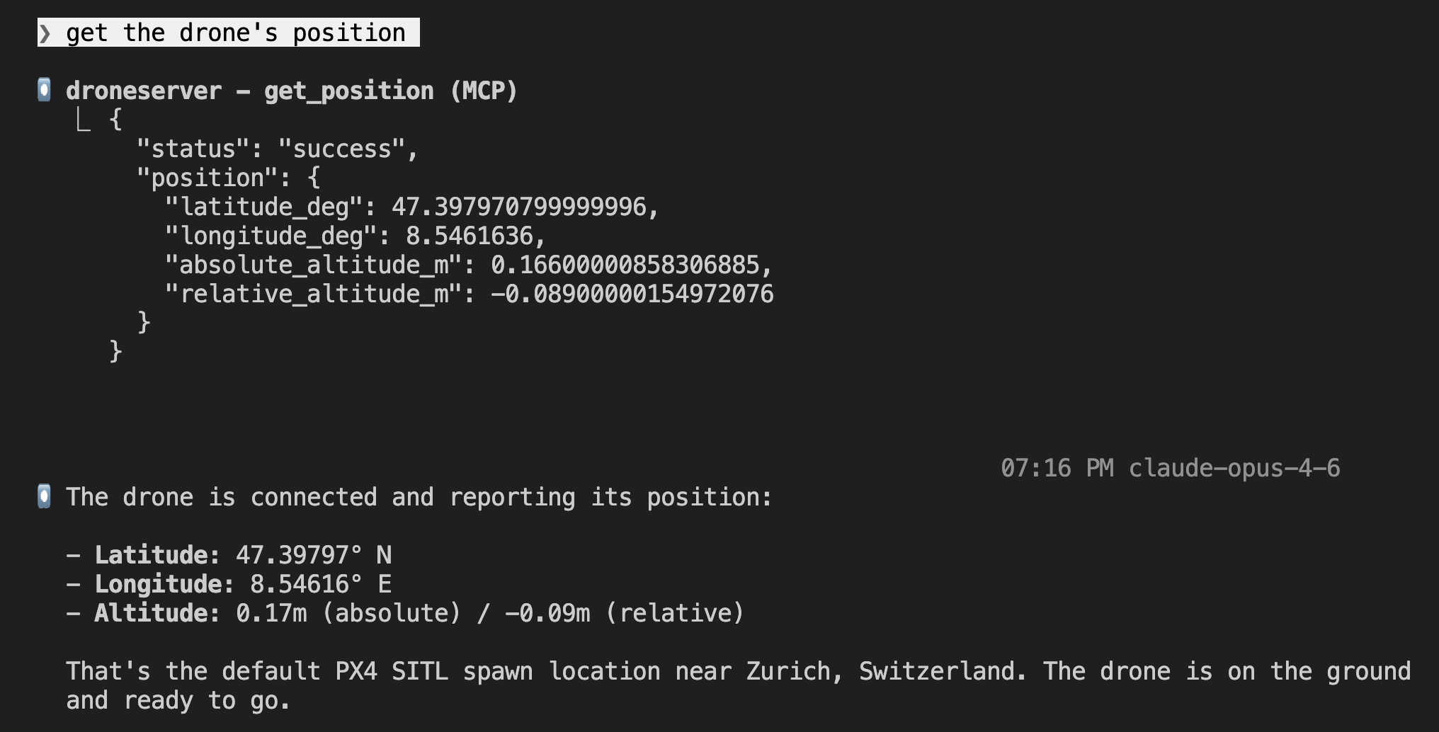 First position check — drone on the ground at 47.39797°N, 8.54616°E, altitude 0.17m