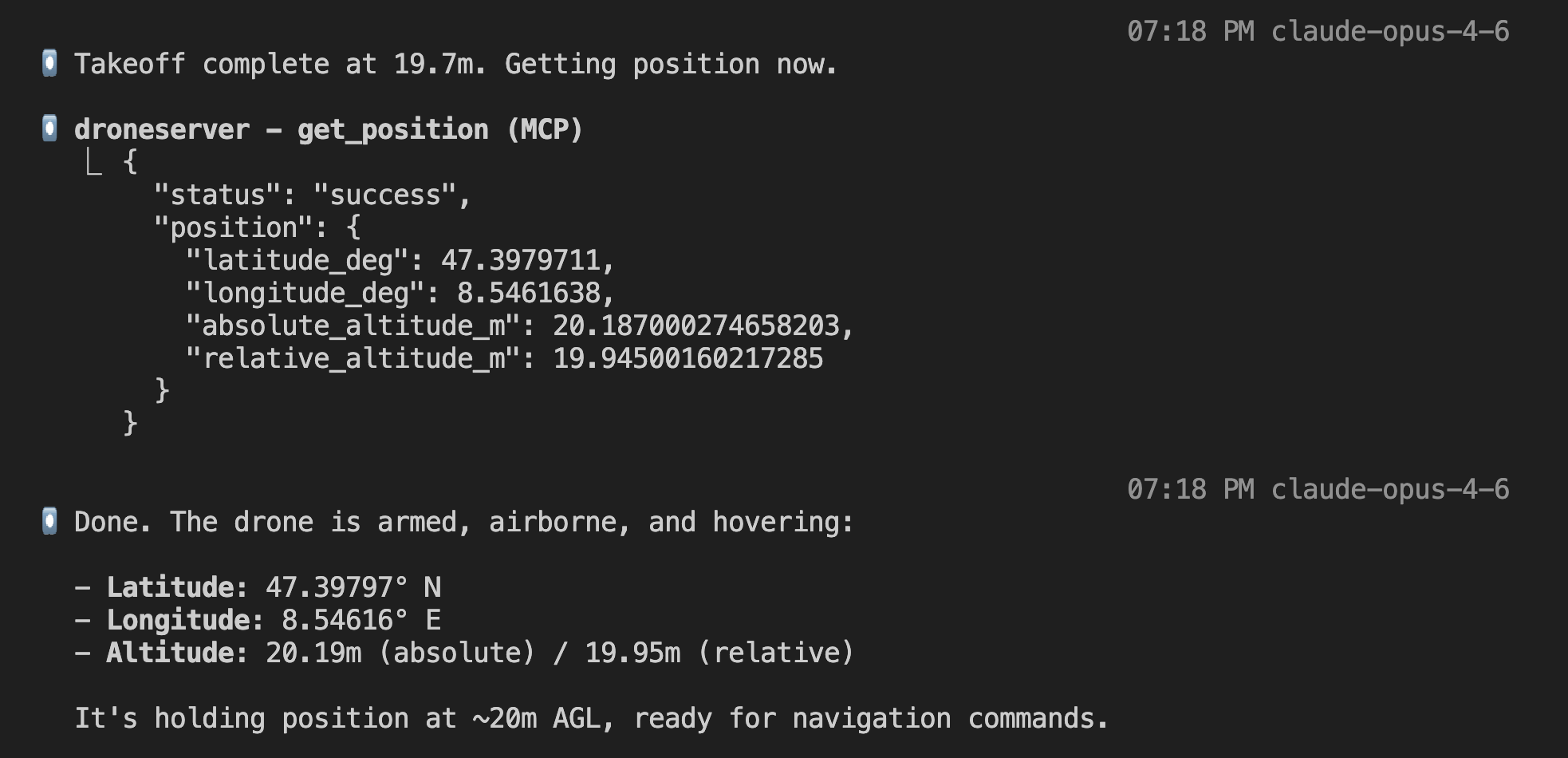 Post-takeoff position — hovering at 19.95m, "armed, airborne, and hovering"