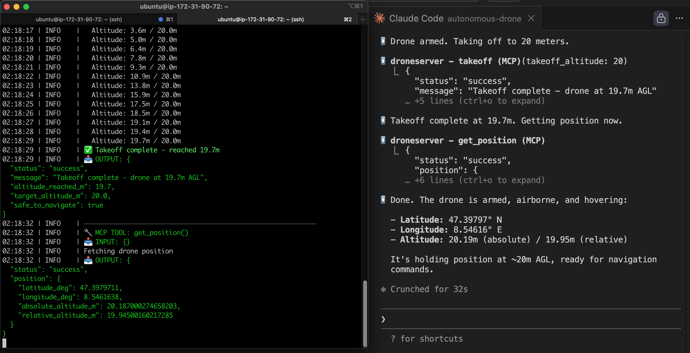 Split screen — droneserver altitude logs on the left, Claude Code MCP responses on the right