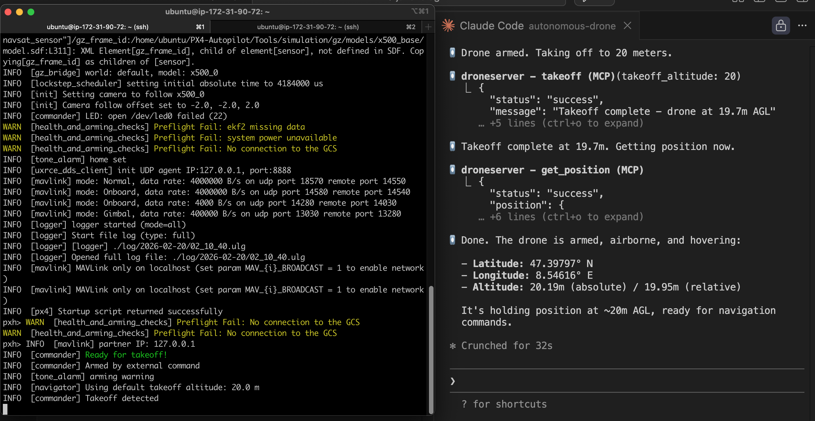 Split screen — PX4 boot and flight logs on the left, Claude's position readout on the right