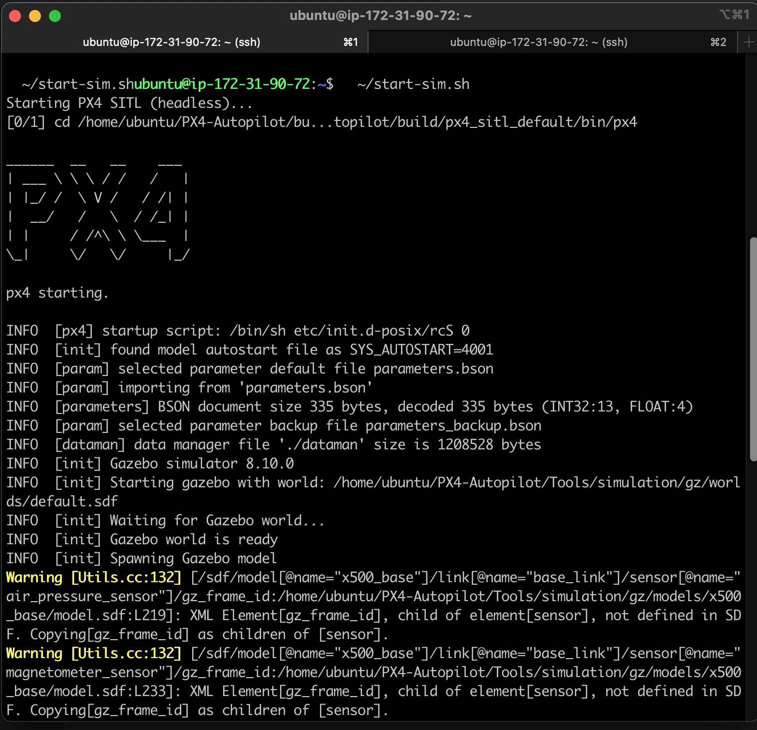PX4 SITL booting natively on EC2 — Gazebo world loading, x500 drone model spawning