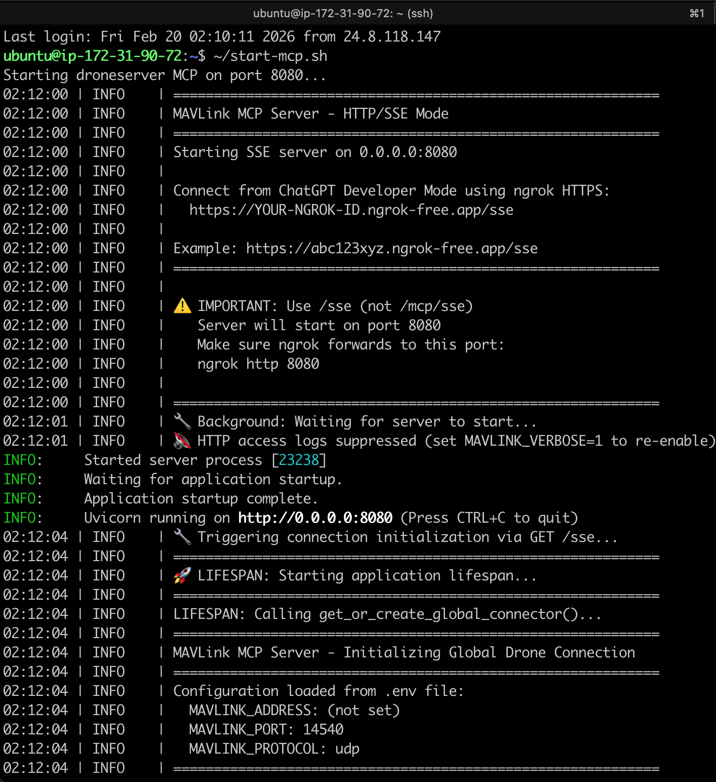 droneserver MCP server starting on EC2 — Uvicorn on port 8080, initializing the MAVLink connection