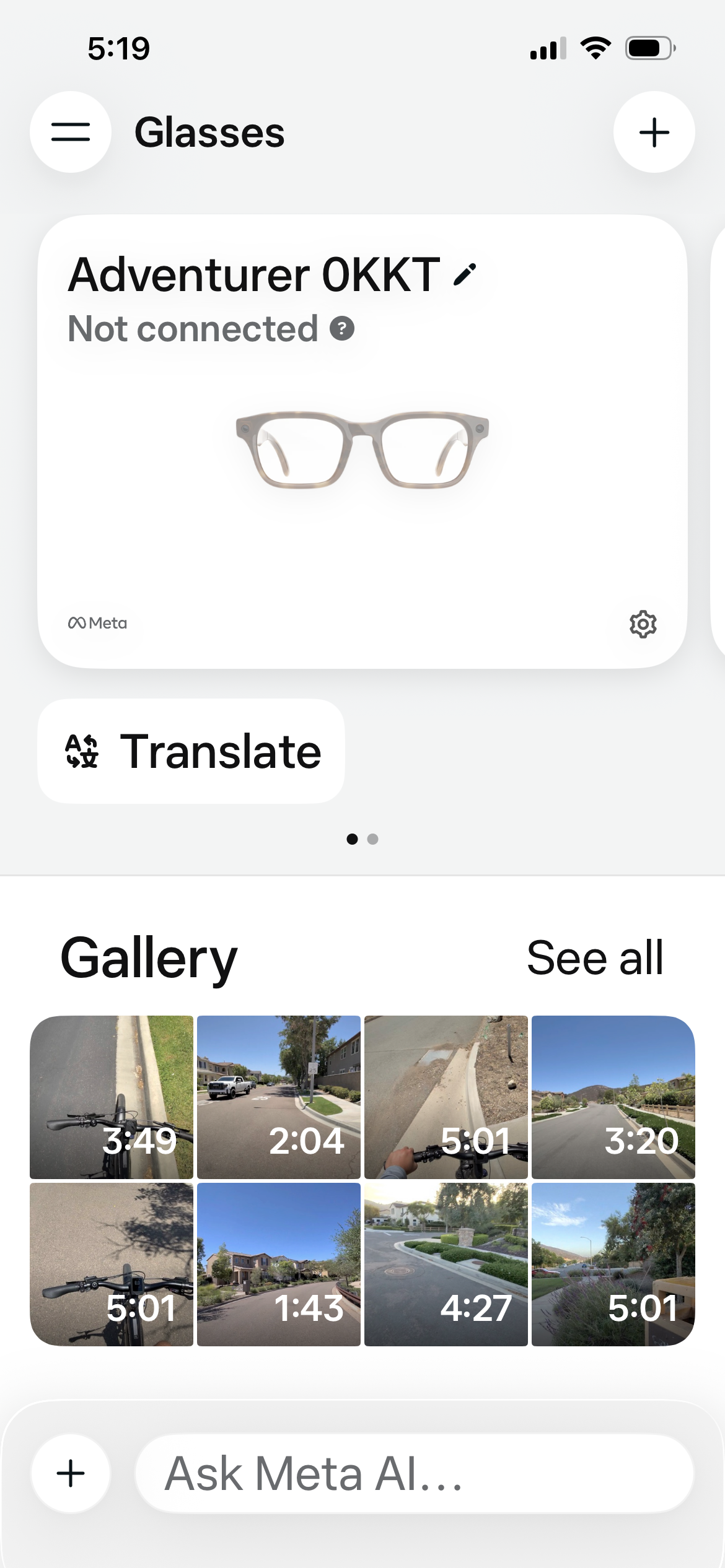 Meta AI app showing the connected glasses and a gallery of first-person e-bike ride clips