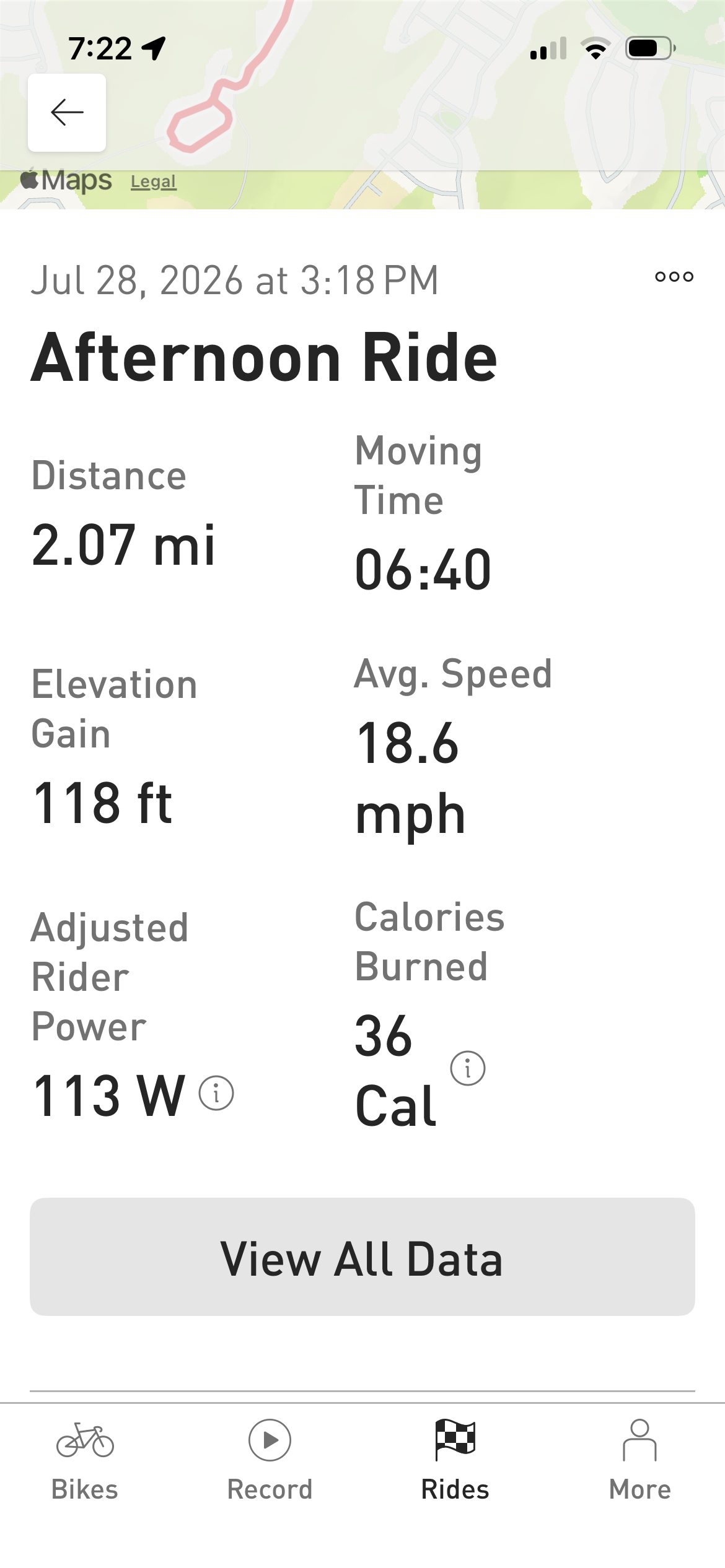 Specialized app ride detail showing distance, moving time, elevation gain, average speed, rider power, and calories