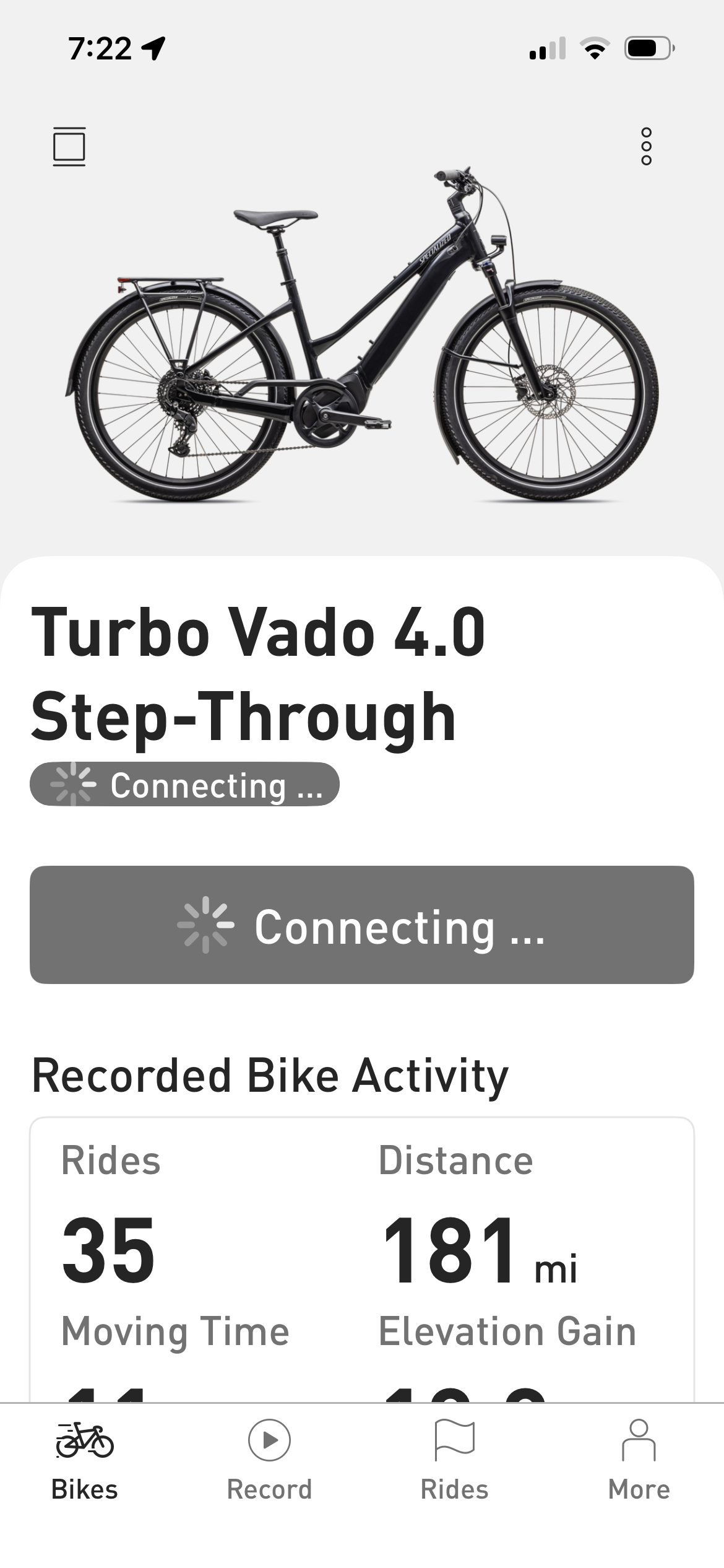 Specialized app showing a Turbo Vado 4.0 Step-Through e-bike and its recorded activity totals