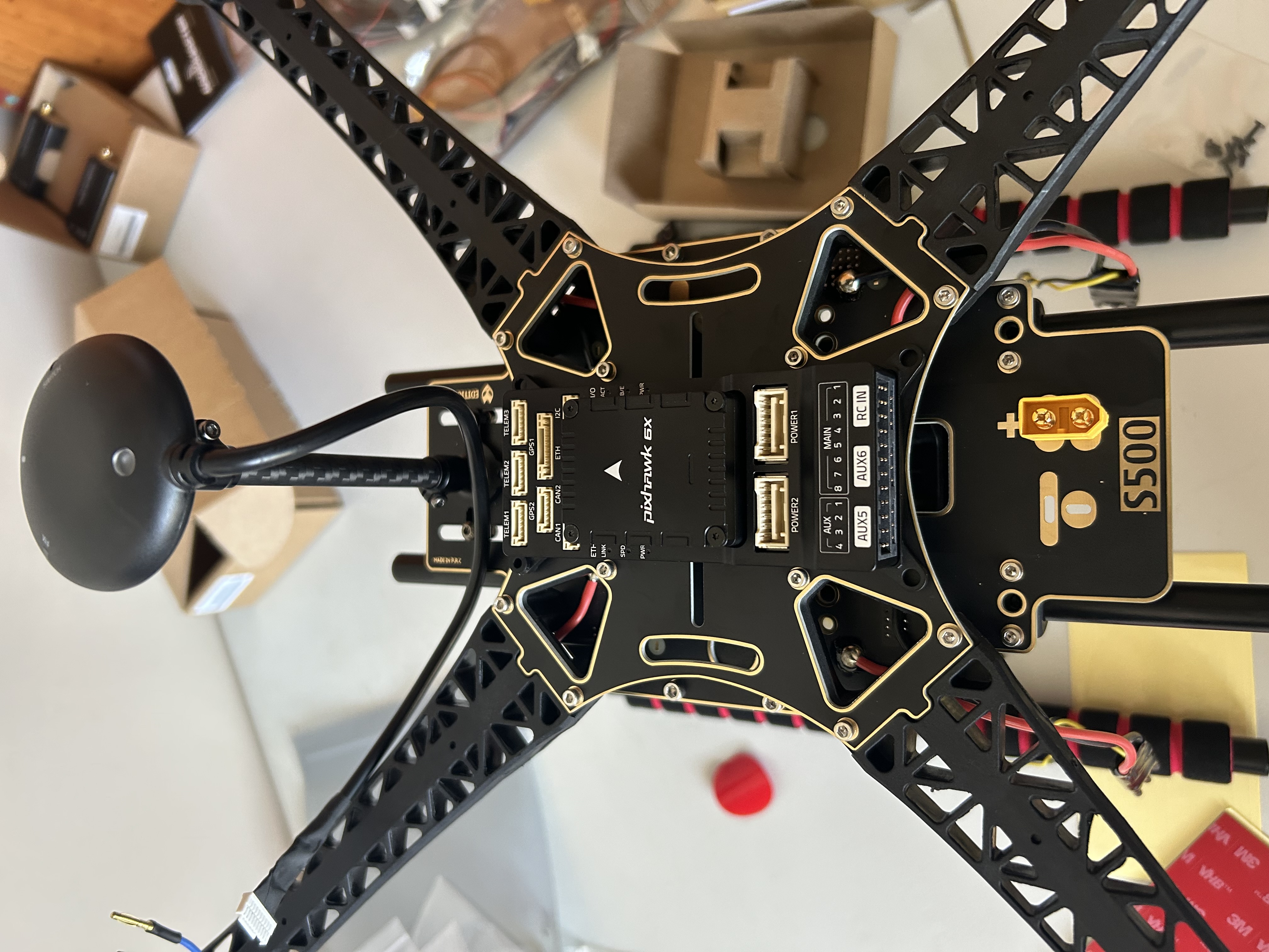 Pixhawk 6X installed on the Holybro S500 frame with the GPS mast mounted behind it.