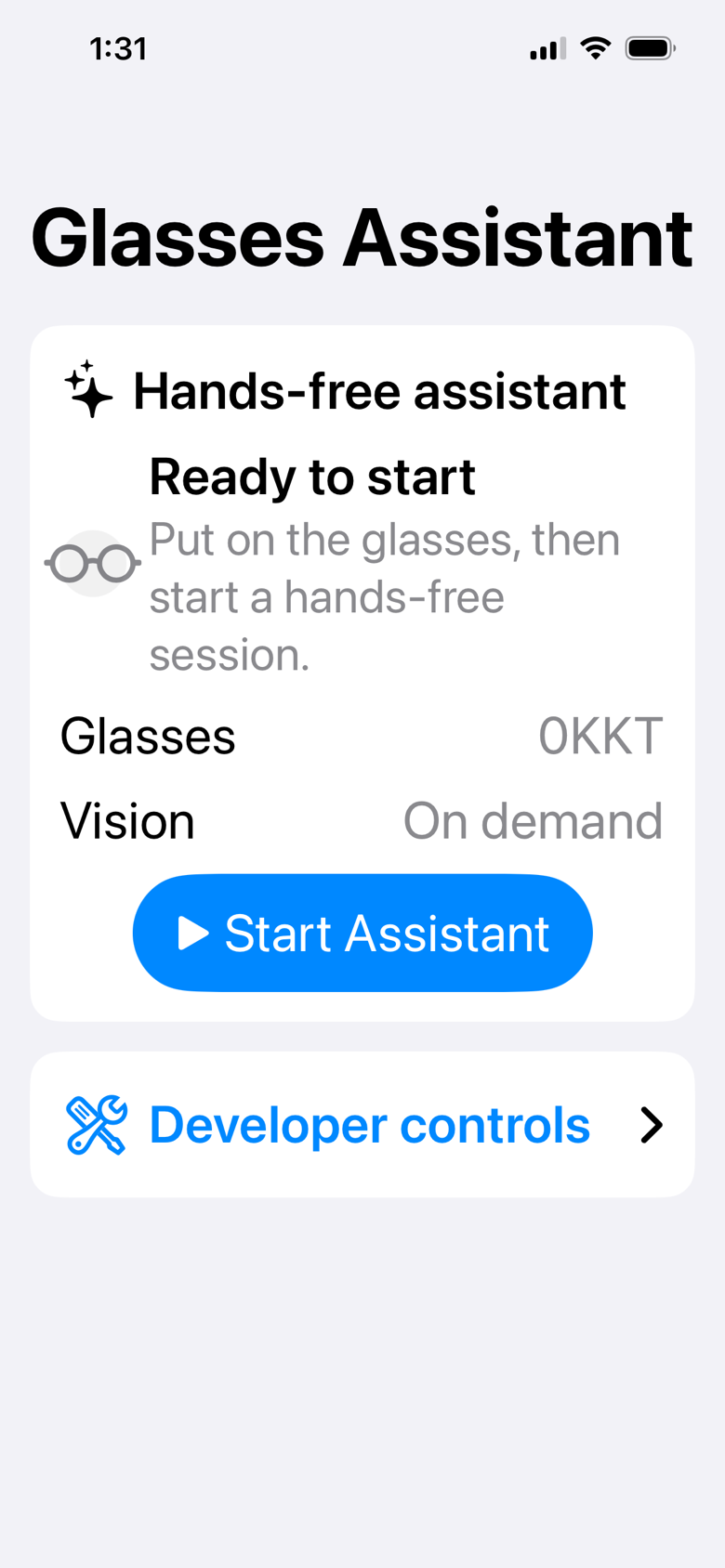 Glasses Assistant app ready to start a hands-free session