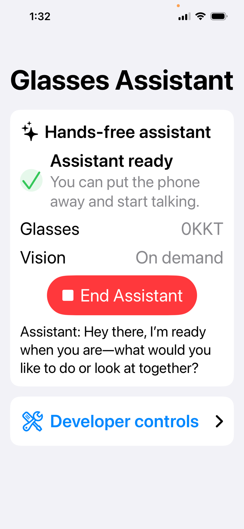 Glasses Assistant app with an active hands-free conversation