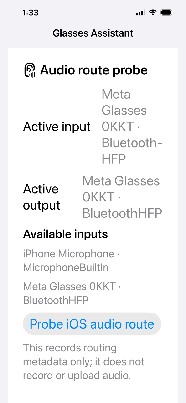 Glasses Assistant audio diagnostics showing Meta Glasses as the active input and output
